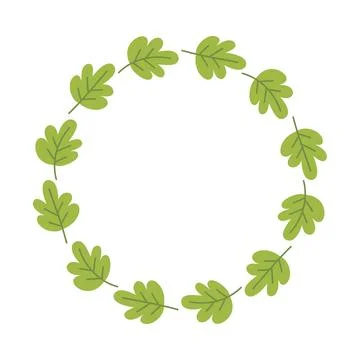 Round frame wreath made of green hand drawn oak leaf doodle Stock-Illustration