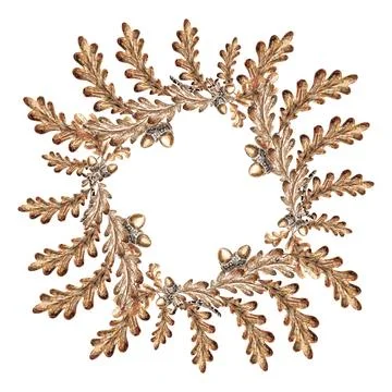 Round frame wreath from oak branches with acorns and leaves. Hand drawn Stock Illustration