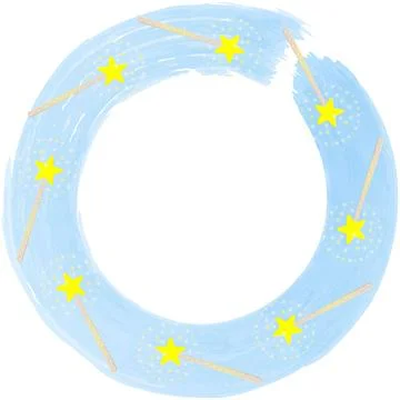 A round frame with yellow star wands radiates stars and sparkles. Blue water Stock Illustration