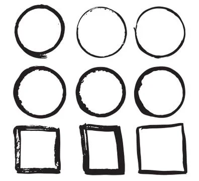Round Frames and text boxes, grunge textured hand drawn elements set, vector  Stock Illustration
