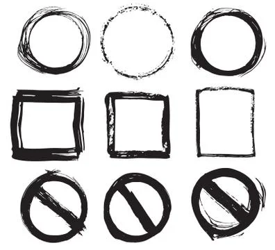 Round Frames and text boxes, grunge textured hand drawn elements set, vector  Stock Illustration