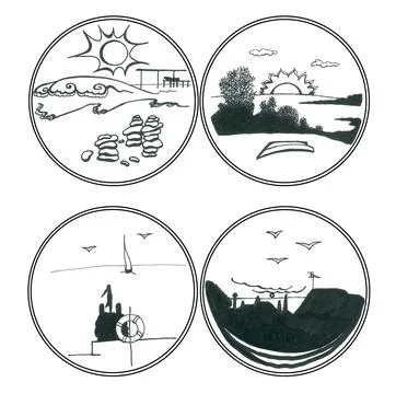 Round frames with black and white romantic landscapes of the sea coast Stock Illustration