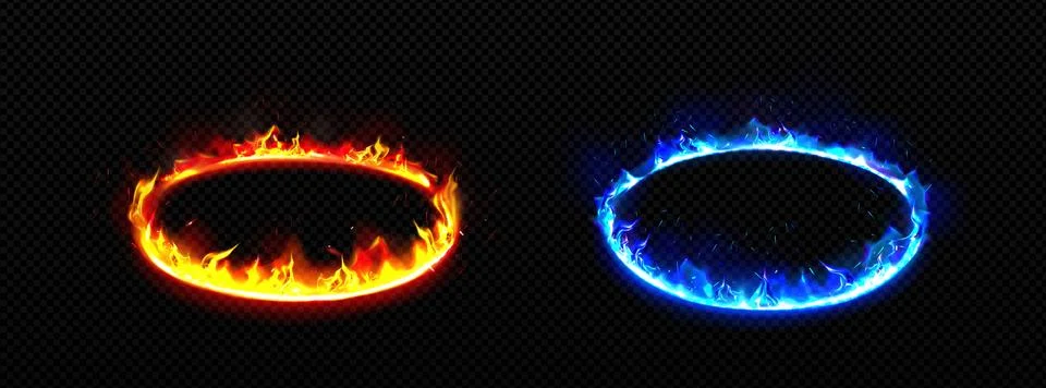 Round frames with fire. Burning rings with flame Illustrazione stock