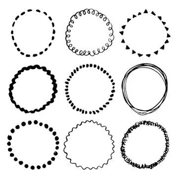 Round Frames, grunge textured hand drawn elements set, vector illustration 스톡 일러스트