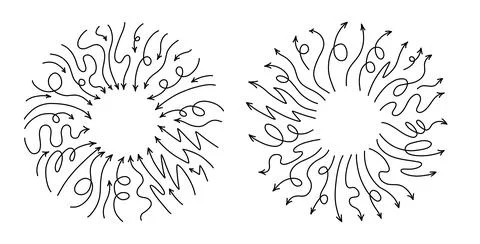 Round frames with line arrows pointing in and out of center. Vector curvy a.. Stock Illustration