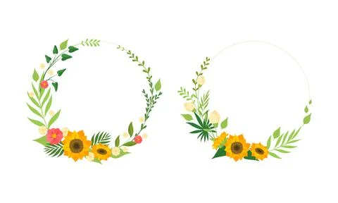 Round Frames Made of Yellow Flowers and Green Leaves Set Vector Illustration Illustrazione stock