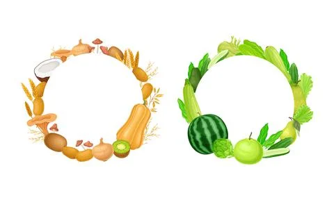 Round frames of orange and green fruit and vegetables with space for text vector Illustrazione stock