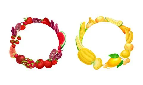 Round frames of red and yellow fruit and vegetables with space for text vector 库存插图