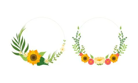 Round Frames Set, Floral Border Made of Yellow Flowers Vector Illustration Illustrazione stock