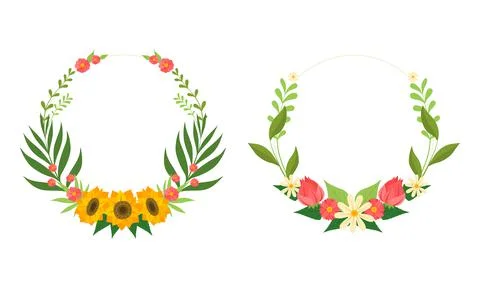 Round Frames Set, Floral Wreath Made of Summer Flowers Vector Illustration イラスト素材