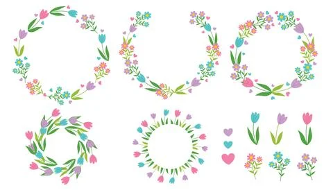 Round frames with spring flowers. Tulip wreaths, round borders and flowers Stock Illustration