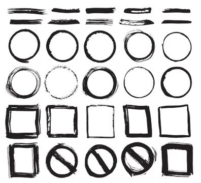 Round Frames, text boxes and Brush strokes, grunge textured hand drawn elemen イラスト素材