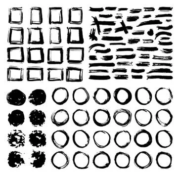 Round Frames, text boxes and Brush strokes, grunge textured hand drawn elemen Stock Illustration