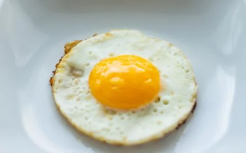 Round fried egg in the plate. Stock Photos