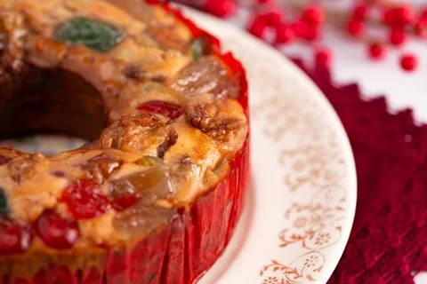 Round Fruit Cake with Cherries Pineapples and Nuts Elegant Platter Stock Photos