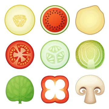 Round fruit halves vector icons isolated on white background. Fresh spinach leaf Stock Illustration