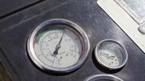 Round gauges on the device showing pressure. pointer gauges Stock Footage 201947433