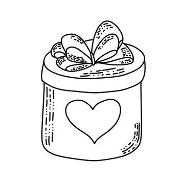 Round gift box in doodle style with ribbon. Heart on a present box isolated v Stock Illustration