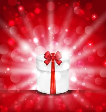 Round gift box on light red background with glow Stock Illustration