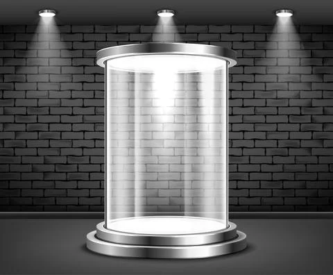 Round glass showcase with light inside on a brick wall background. Realistic Stock Illustration