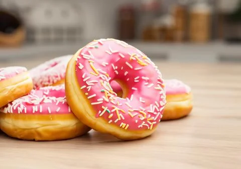 Round Glazed Donuts on table. Stock Photos