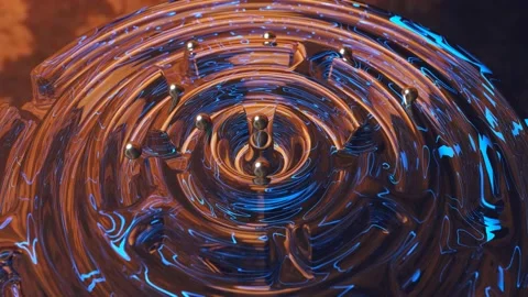 Round glowing maze and group of metal balls go to finish 3d 4k animation Stock Footage 202321933
