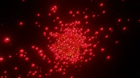 Round glowing particles fly away from the rotating cube on a black background. l Video stock 152911640