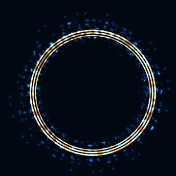 Round gold frame on a dark background. Flashes of light. Small blue fireflies Stock Illustration