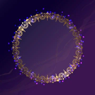 Round gold frame. Gold patterns on a dark background. Glowing sparks and dots Illustrazione stock