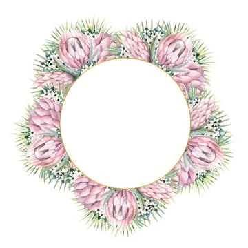 Round gold frame with protea flowers, tropical leaves, palm leaves, bouvardia Stock Illustration
