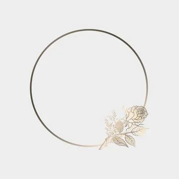 Round gold frame with a rose. Vector logo, rosebud emblem. For manicure studio Stock Illustration
