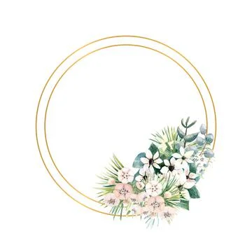 Round gold frame with small flowers of actinidia, bouvardia, tropical and palm Stock Illustration