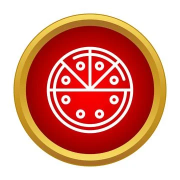 Round golden button with white pizza icon on red background Stock Illustration
