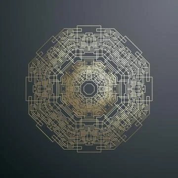 Round golden technology pattern isolated on dark background, mandala template Illustrazione stock