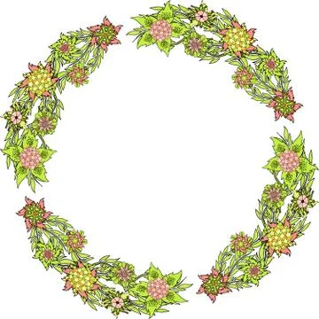 Round green floral pattern with different flowers Stock Illustration