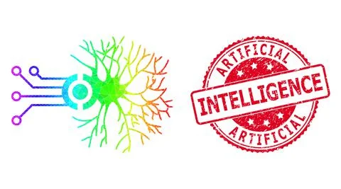 Round Grunge Artificial Intelligence Badge With Vector Polygonal Digital Neural Stock Illustration