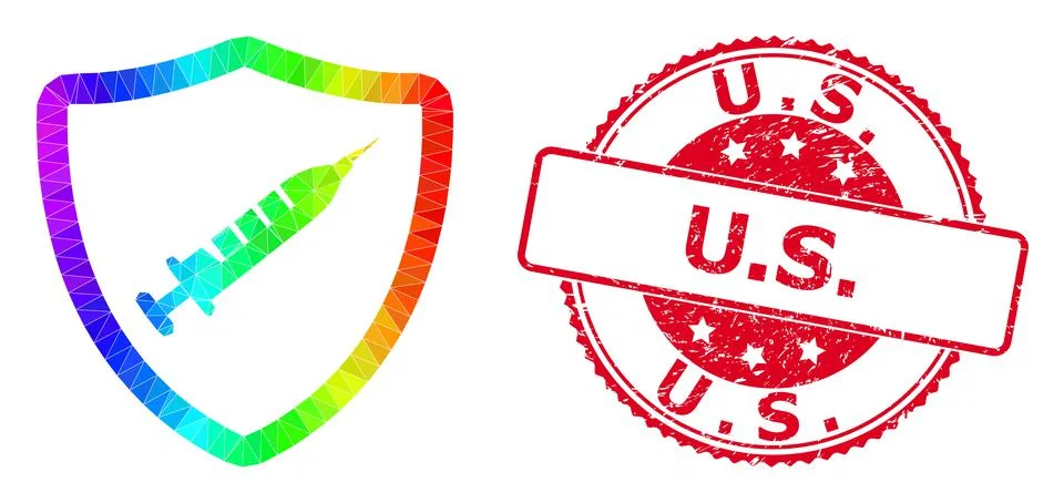 Round Grunge U.S. Stamp With Vector Polygonal Vaccine Shield Icon with Spectrum Stock Illustration