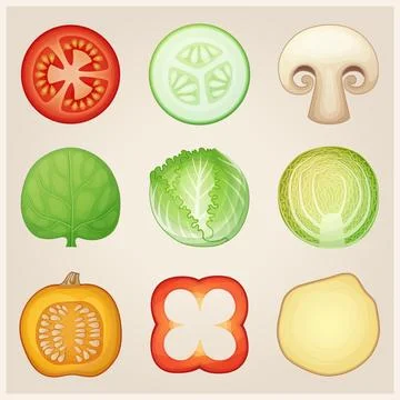 Round half vegetable slices vector icons. Food cuts cartoon illustrations set Stock Illustration