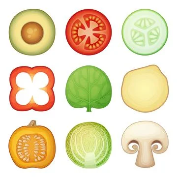 Round half vegetable slices vector icons isolated on white background. Food cuts Stock Illustration