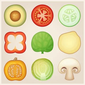 Round half vegetable slices vector icons. Food cuts cartoon illustrations set Illustrazione stock