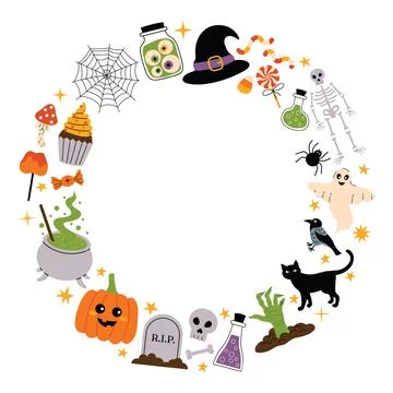 Round Halloween frame with spooky elements Stock Illustration