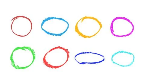 Round hand drawn design elements. Wax crayon circle frames on white backgro.. Illustrazione stock