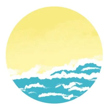 Round hand drawn frame background with yellow beach sand blue ocean water Stock Illustration