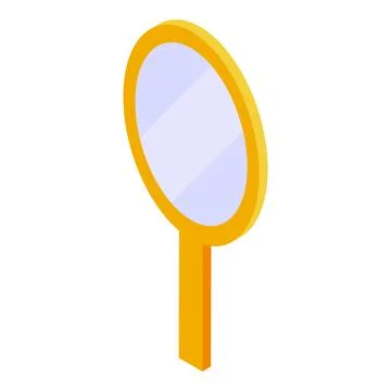 Round hand mirror with gold frame and handle reflecting light in isometric view Illustrazione stock