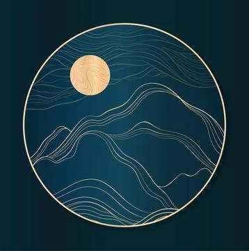 Round harmonious design with mountains and moon. Night landscape in gold and Stock Illustration