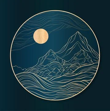 Round harmonious design with mountains and moon. Night landscape in gold and Stock Illustration