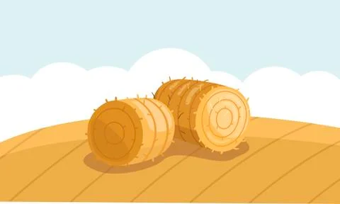 Round Hay Bale in Field in flat style. A stack of hay vector illustration Stock Illustration