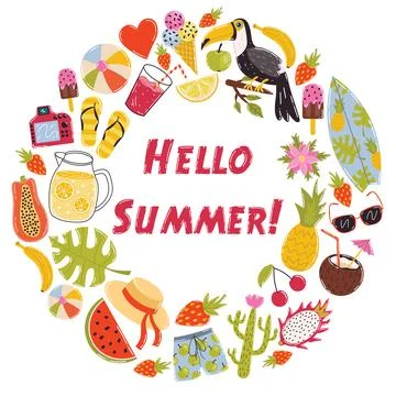 Round Hello Summer frame. Cute summer banner. Wreath tropical fruits, banan.. Stock Illustration