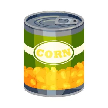 Round high tin can with corn. Vector illustration on white background. Stock Illustration