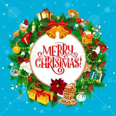 Round holiday greeting with Merry Christmas wishes Stock Illustration